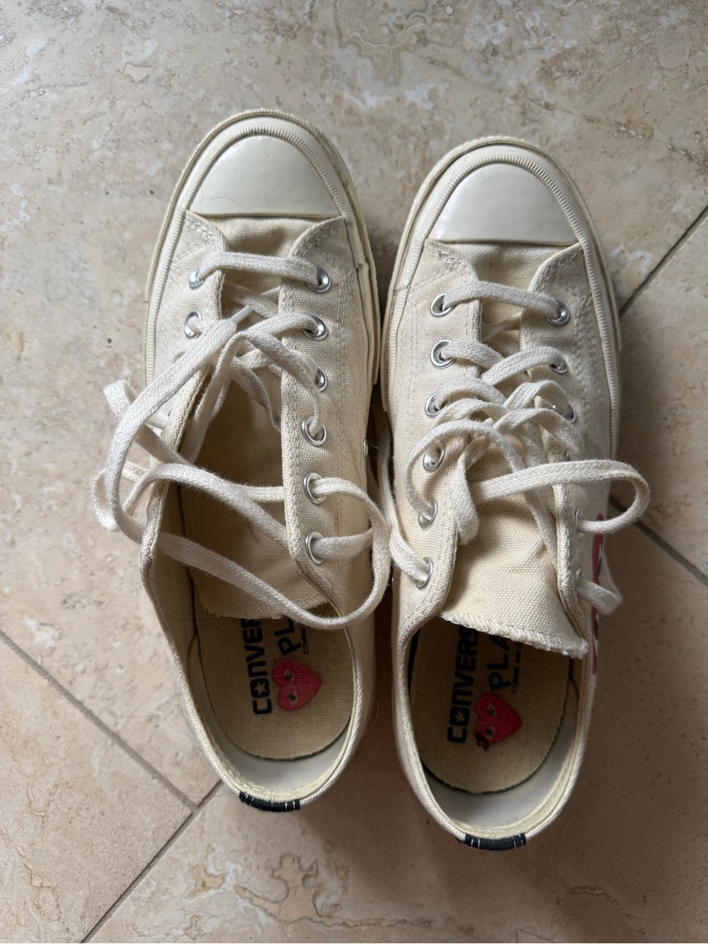 Comme des Garcons x Converse PLAY Low-Top Sneakers in Cream with Red Heart